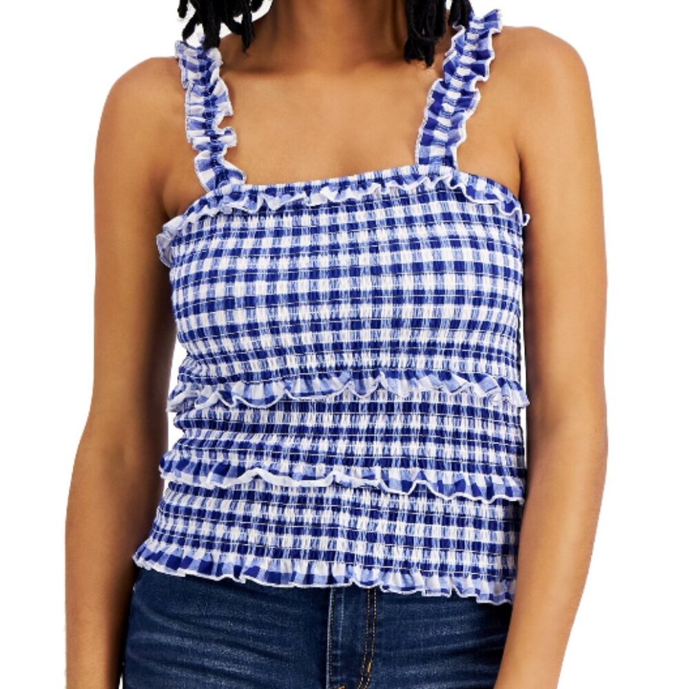 NEW CRAVE FAME Juniors Tiered Smocked Tank Top Blue White Stretchy Ruffled Strap
